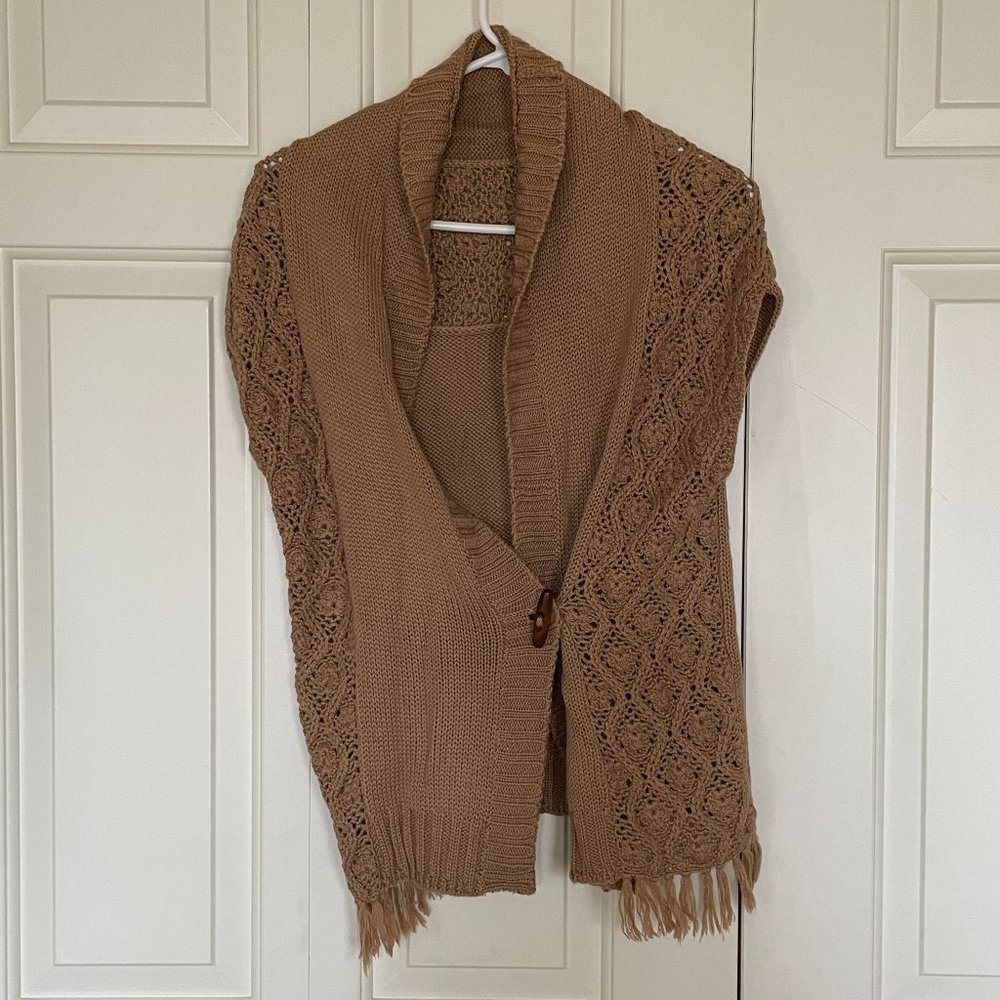 Brown knit with crochet panel oversized cardigan vest with fringe - Size S